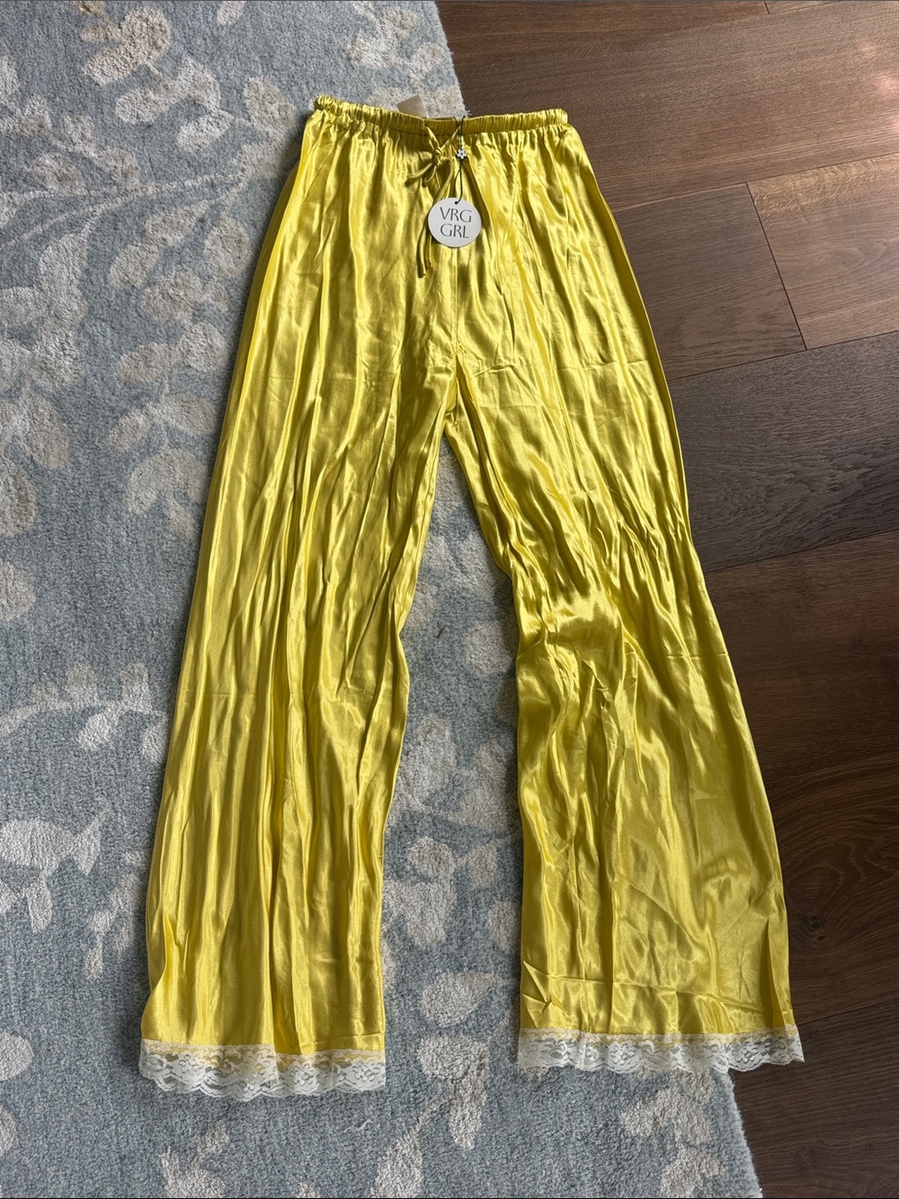 Yellow Satin Wide-Leg Pants with Drawstring Waist